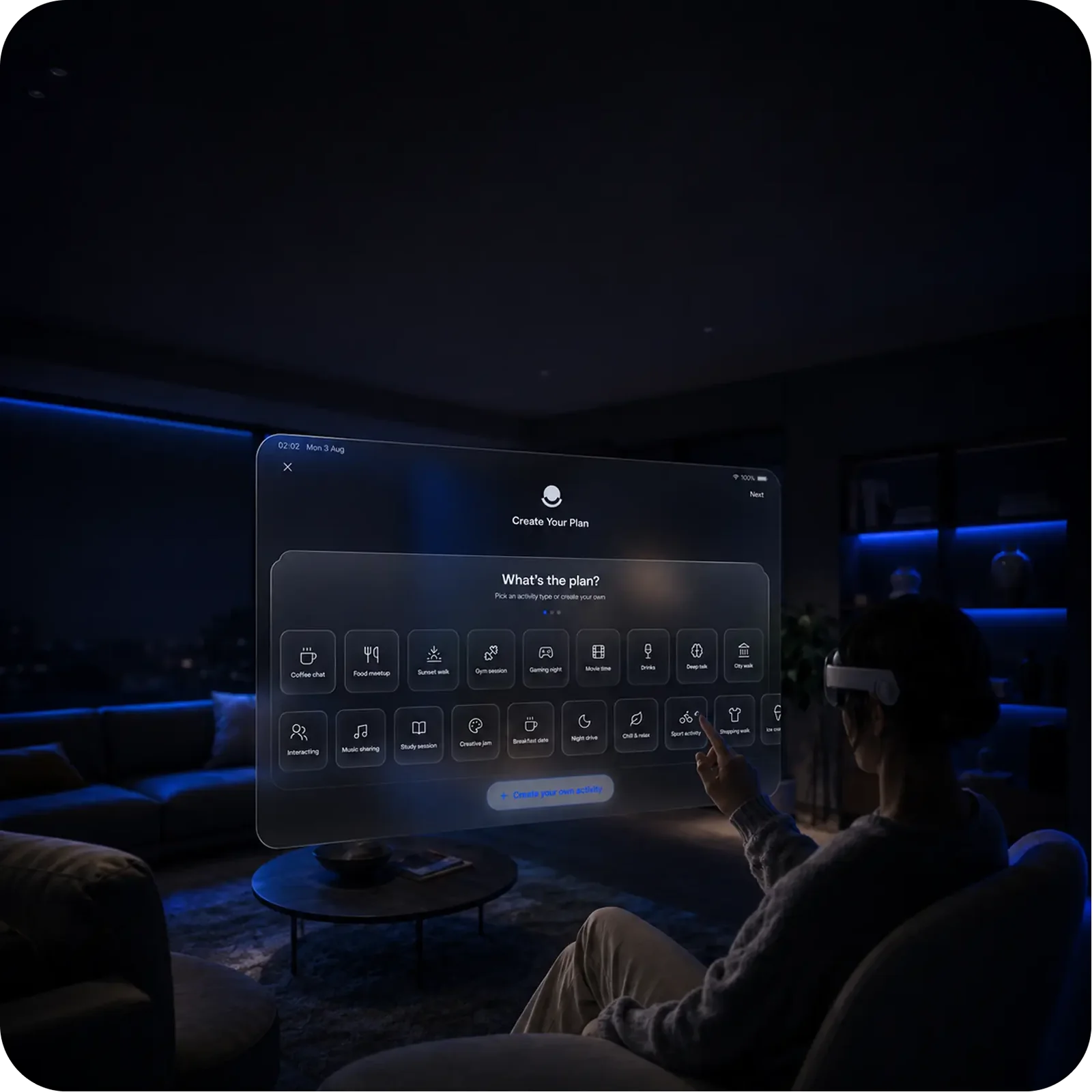 Meetfleet in a mixed-reality headset: a floating Create Your Plan panel in a living room