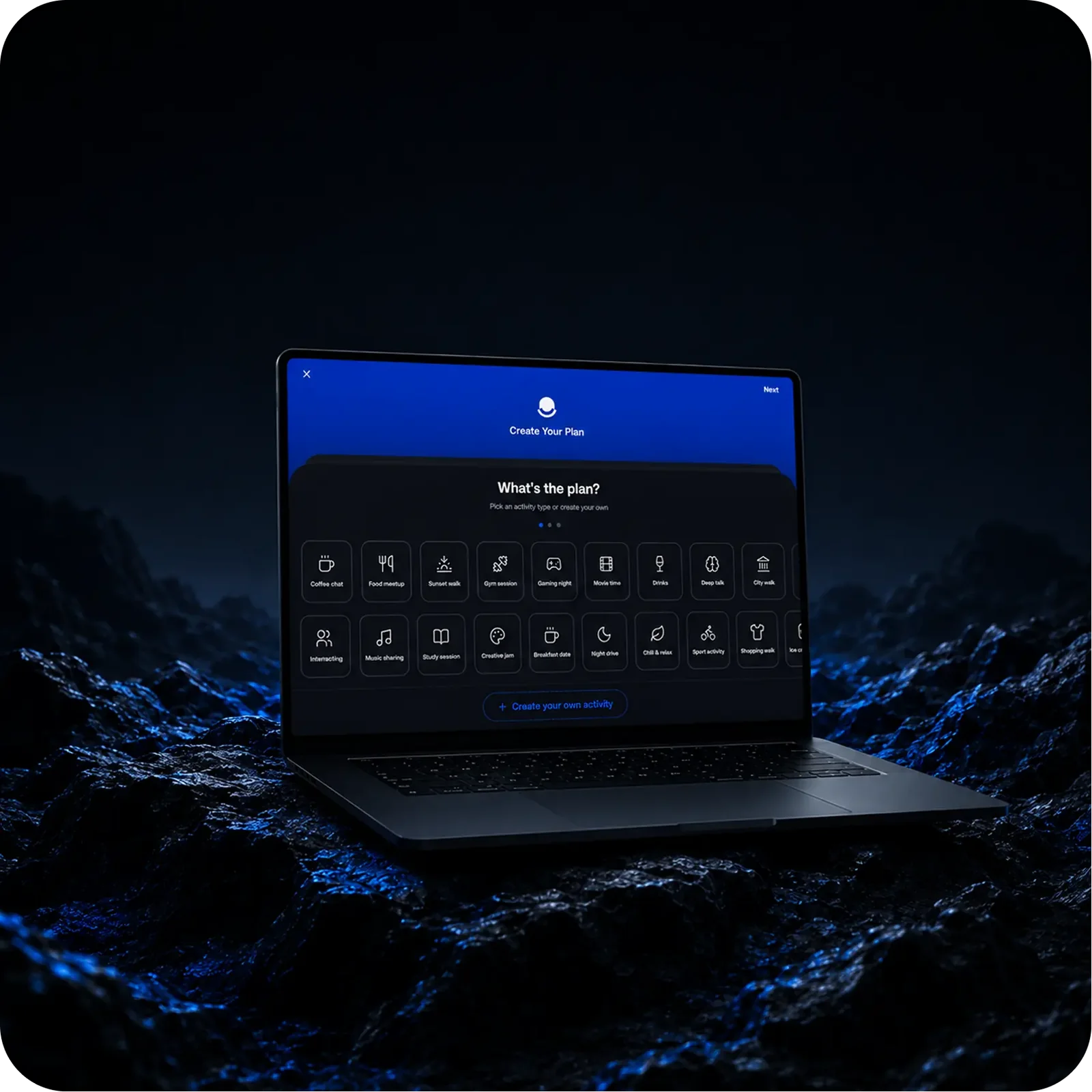Meetfleet on a laptop: Create Your Plan with a grid of activity types
