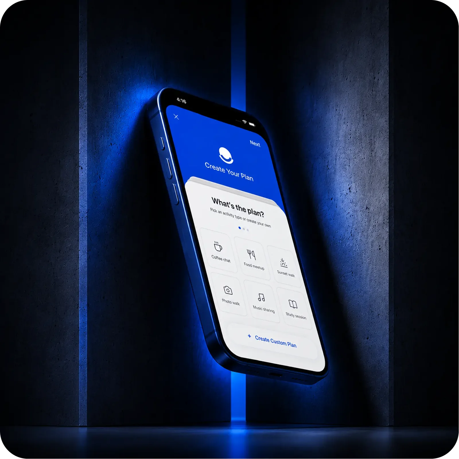 Meetfleet on a phone: Create Your Plan, with activity types to pick from