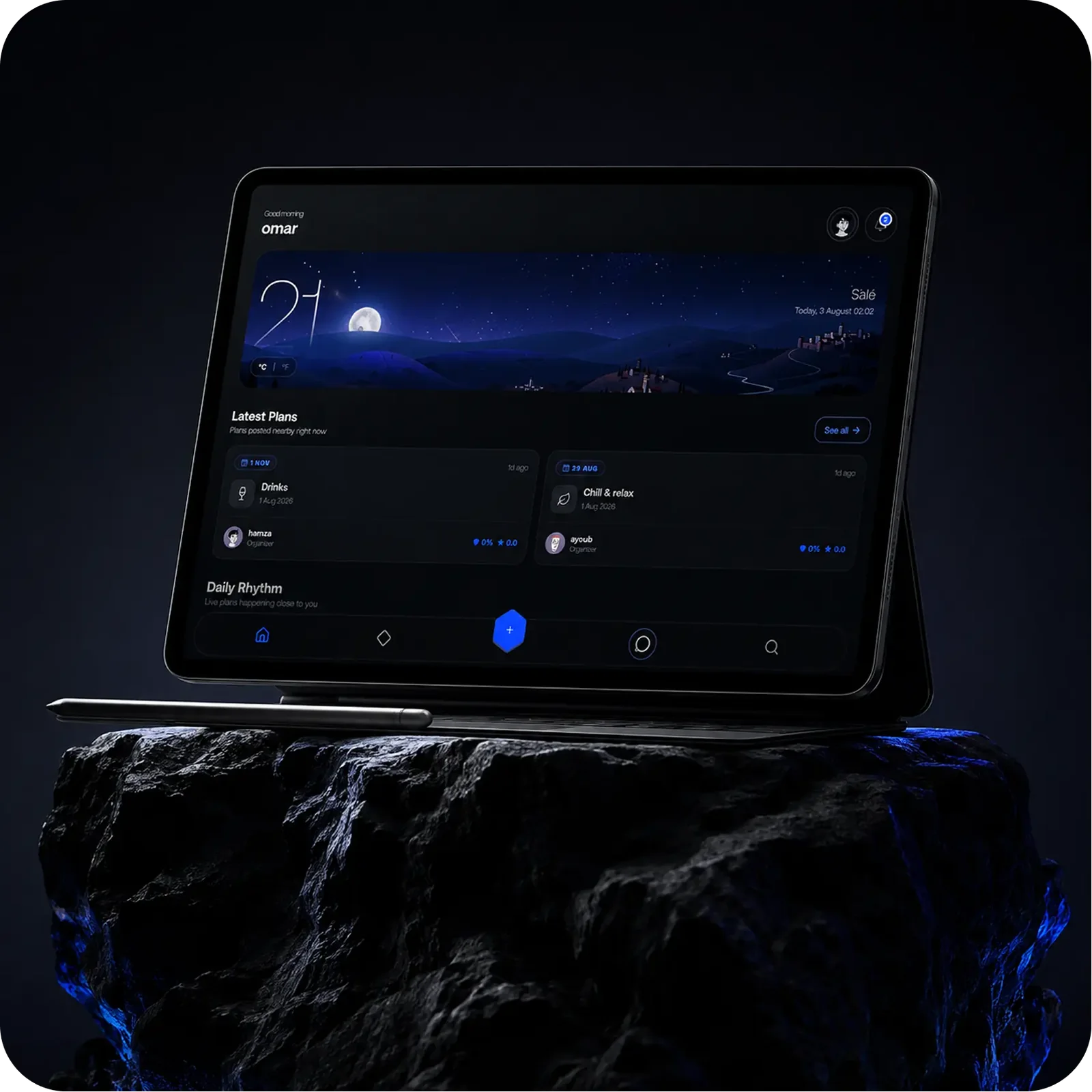 Meetfleet on a tablet: the home screen with the weather, latest plans and daily rhythm