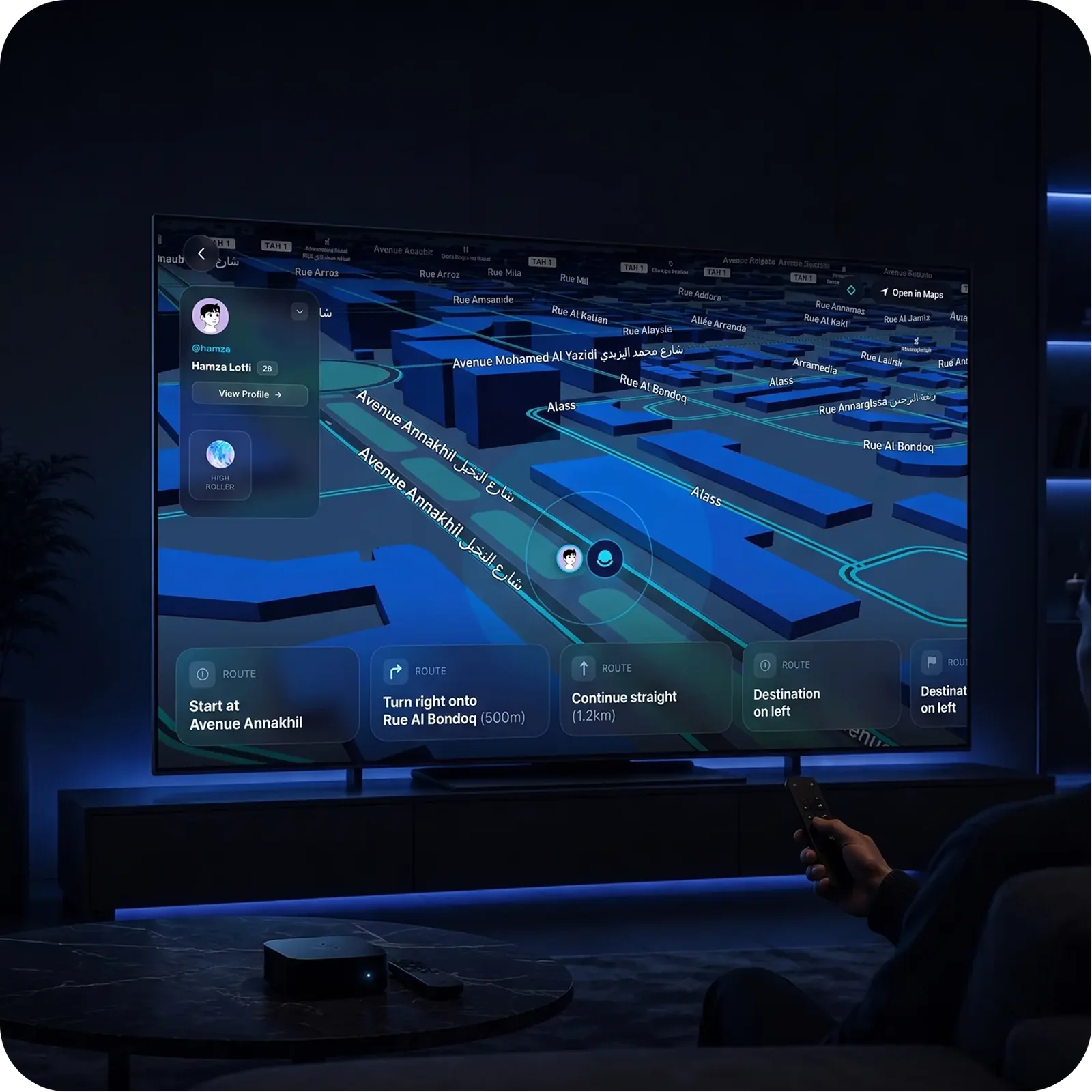 Meetfleet on a living-room TV: a 3D street map with route steps and a profile card