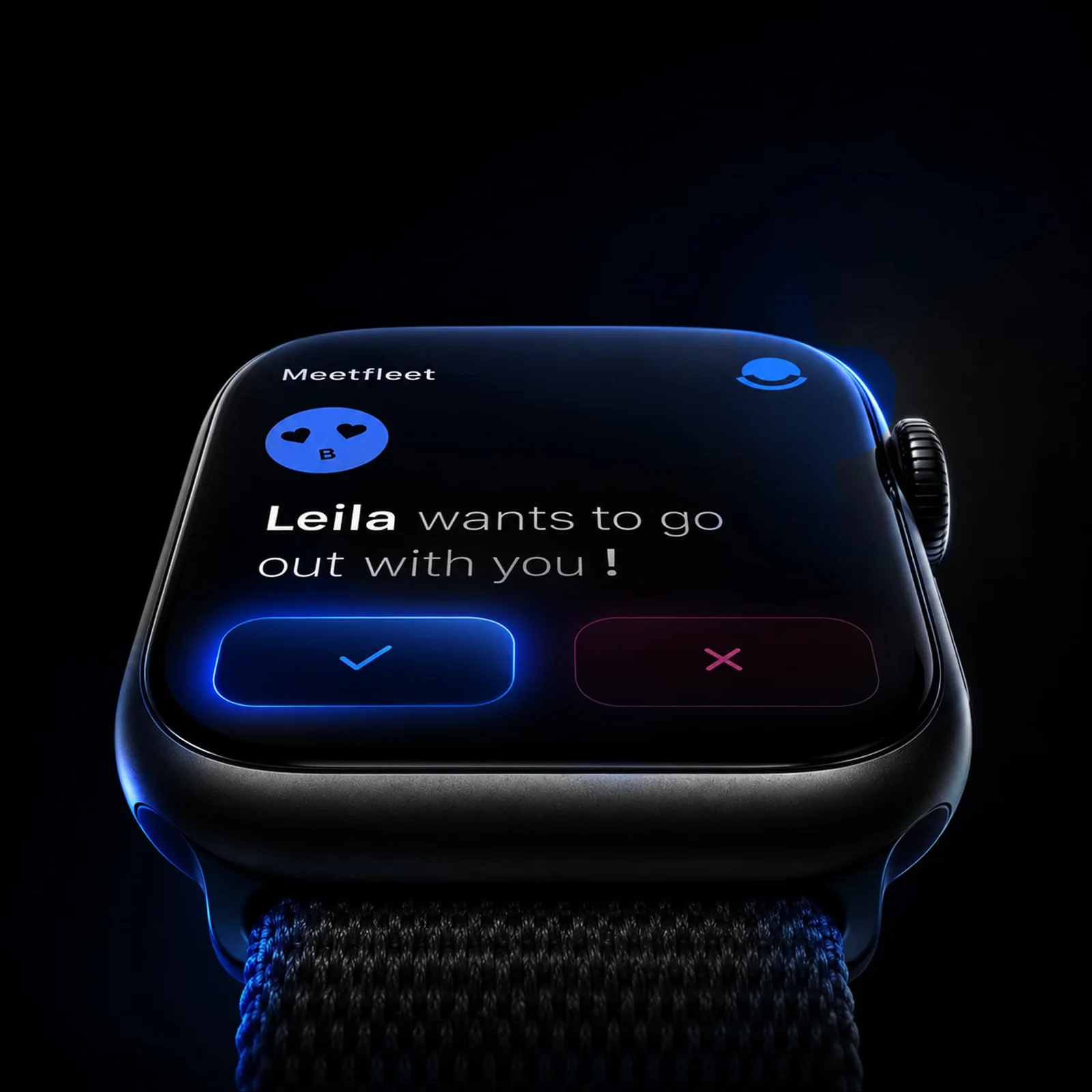 Meetfleet on a watch: Leila wants to go out with you, with accept and decline buttons